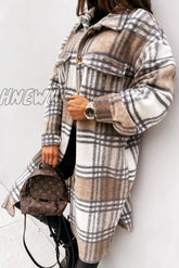 Hnewly - Khaki Casual Plaid Print Patchwork Buckle Turndown Collar Outerwear / S Coats Coats &